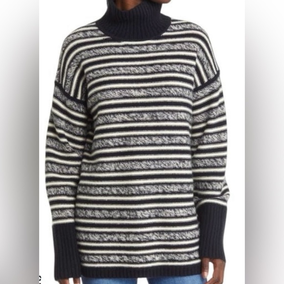 Nordstrom Sweaters - Nordstrom 100% Cashmere Turtleneck Sweater Coastal Navy Ivory Stripe XS New